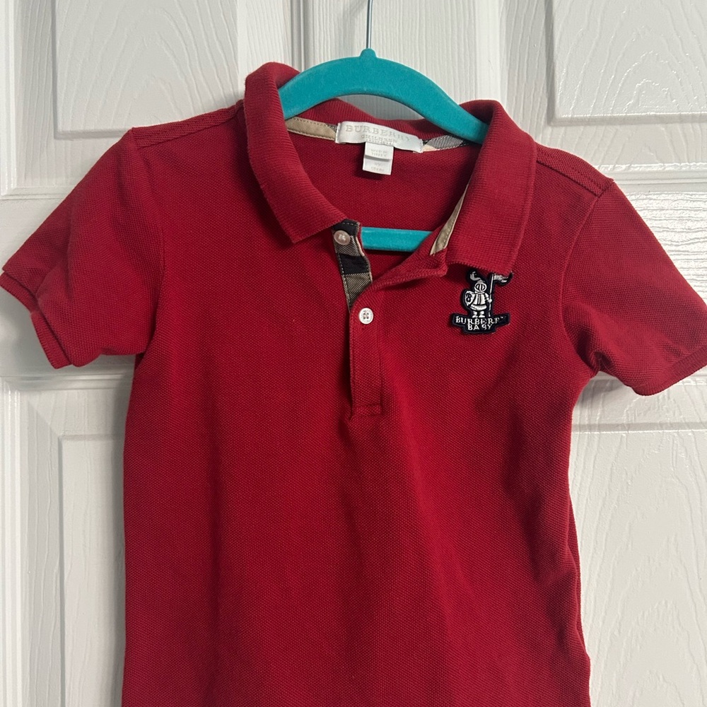 Burberry Kids Red Short Sleeve Polo with Embroidered Crest